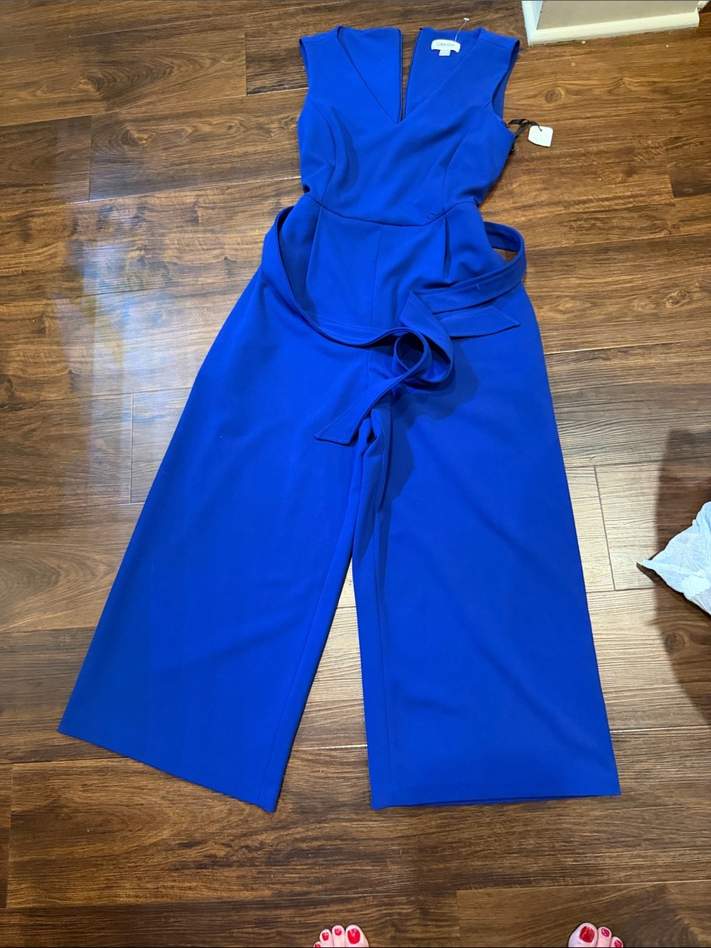 Calvin Klein Cobalt Blue Sleeveless Wide-Leg Jumpsuit with Waist Tie